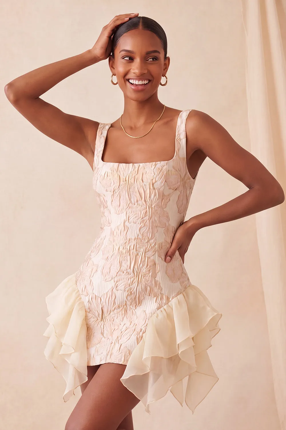 Champagne Jacquard Square Neck Lace Up Back Tight Homecoming Dress with Ruffles sold by Zapaka product image thumbnail 3