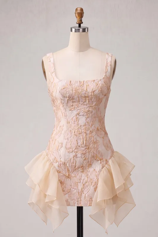 Champagne Jacquard Square Neck Lace Up Back Tight Homecoming Dress with Ruffles made by Zapaka