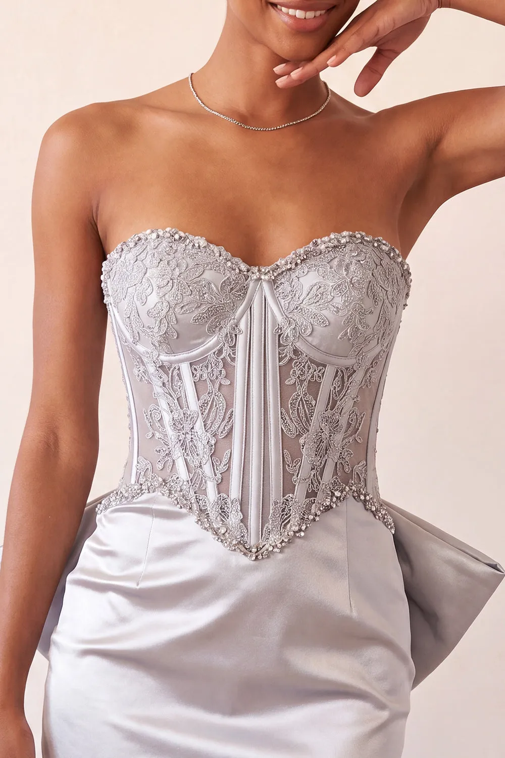 Silver Sweetheart Corset Lace Up Back Bodycon Homecoming Dress with Bow sold by Zapaka product image thumbnail 5