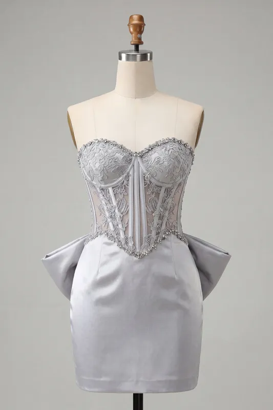 Silver Sweetheart Corset Lace Up Back Bodycon Homecoming Dress with Bow made by Zapaka