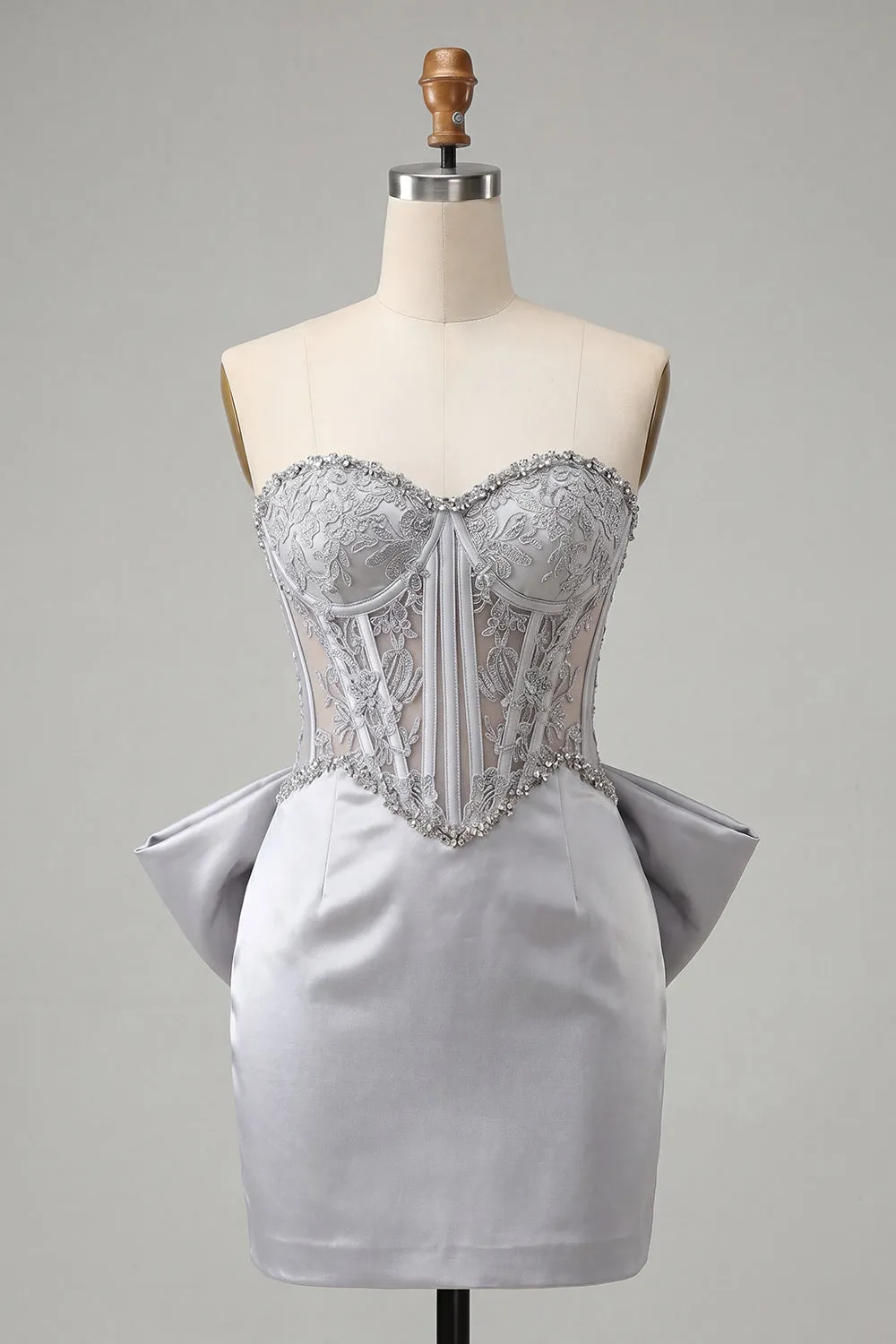 Silver Sweetheart Corset Lace Up Back Bodycon Homecoming Dress with Bow sold by Zapaka