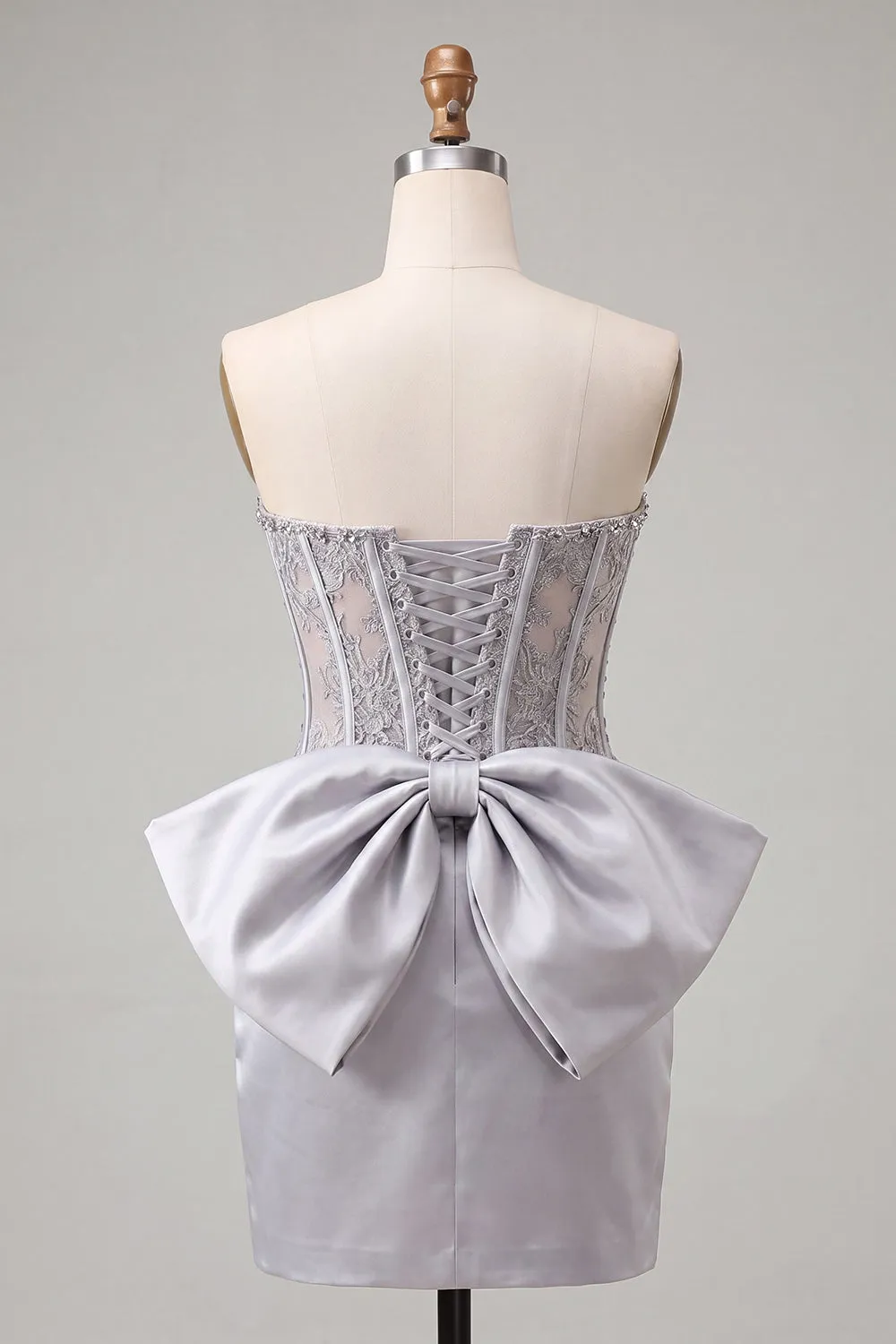 Silver Sweetheart Corset Lace Up Back Bodycon Homecoming Dress with Bow sold by Zapaka product image thumbnail 2