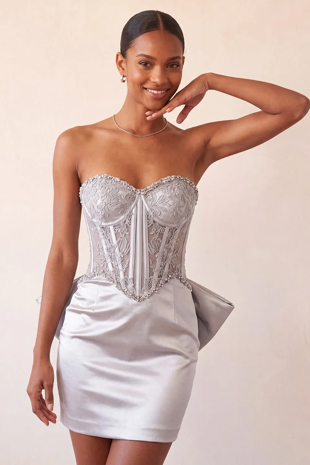 Silver Sweetheart Corset Lace Up Back Bodycon Homecoming Dress with Bow sold by Zapaka product image thumbnail 3
