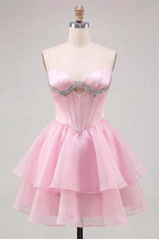 Pink Sweetheart Corset A-Line Tiered Homecoming Dress with Beading made by Zapaka
