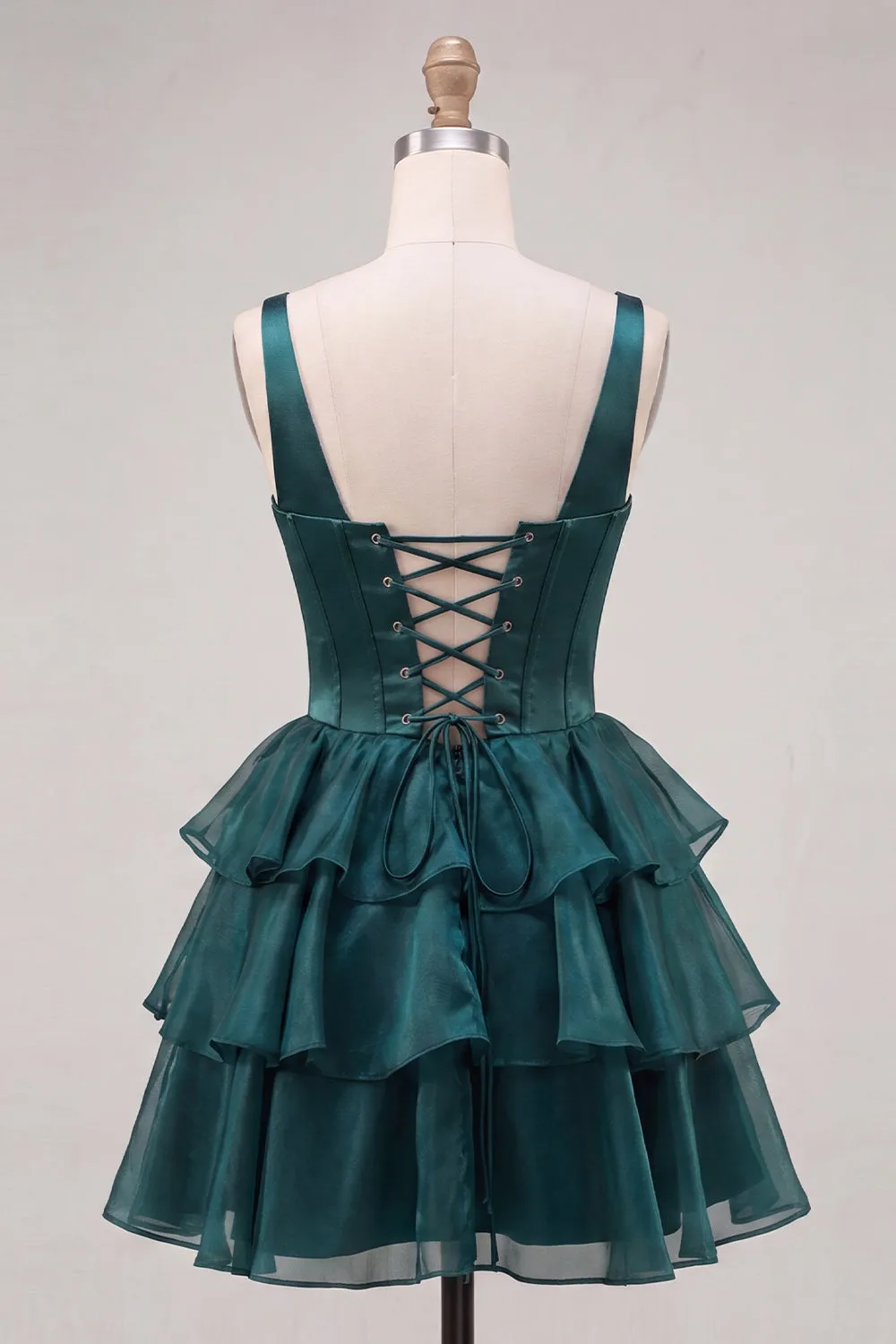 Dark Green A-Line Tiered Corset Thick Straps Homecoming Dress with Lace Up Back sold by Zapaka product image thumbnail 2