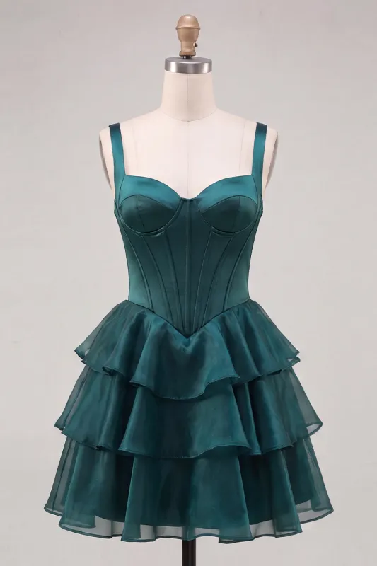 Dark Green A-Line Tiered Corset Thick Straps Homecoming Dress with Lace Up Back made by Zapaka