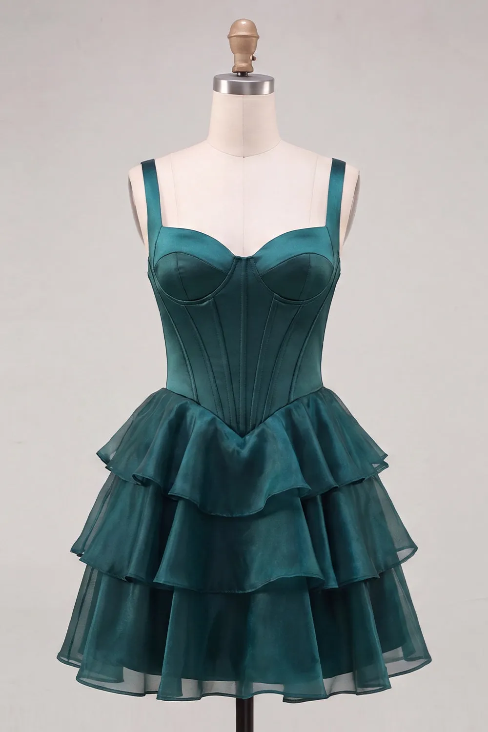 Dark Green A-Line Tiered Corset Thick Straps Homecoming Dress with Lace Up Back sold by Zapaka