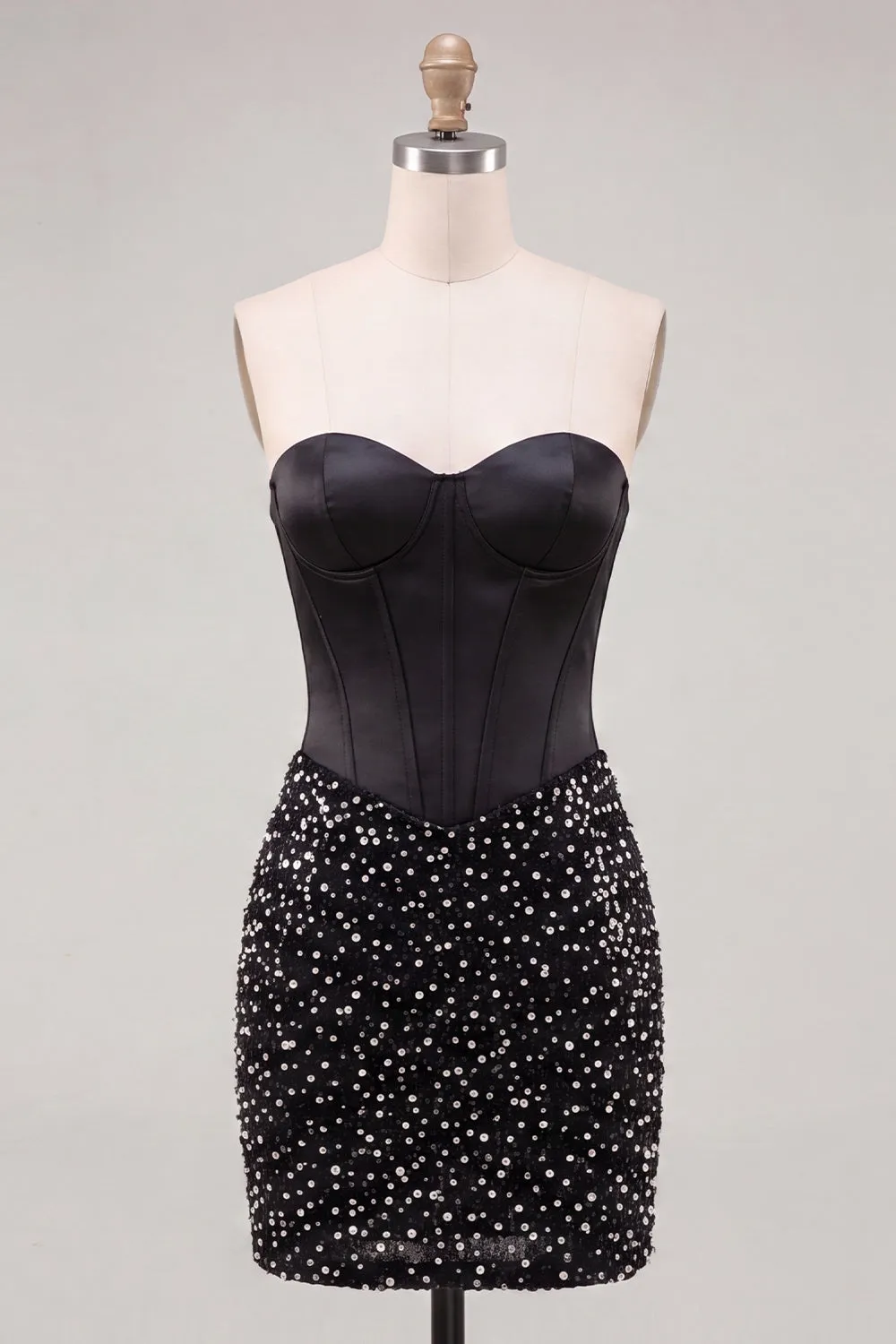 Sweetheart Black Bodycon Corset Pearls Homecoming Dress with Lace Up Back sold by Zapaka