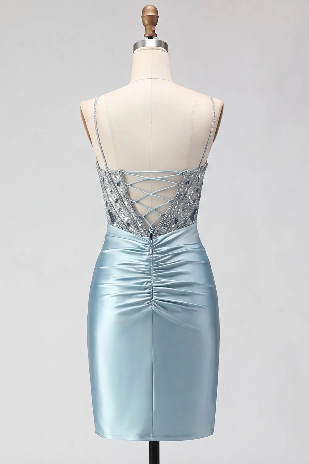 Dusty Blue Corset Satin Beaded Spaghetti Straps Homecoming Dress with Lace Up Back sold by Zapaka product image thumbnail 2