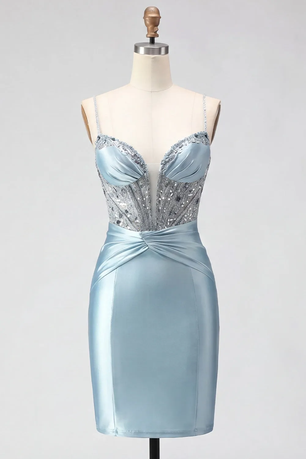 Dusty Blue Corset Satin Beaded Spaghetti Straps Homecoming Dress with Lace Up Back sold by Zapaka