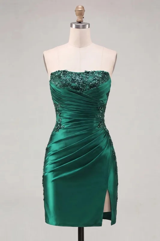 Dark Green Strapless Ruched Beaded Tight Lace Up Back Homecoming Dress with Slit made by Zapaka