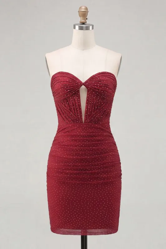 Burgundy Sweetheart Tight Ruched Cut Out Homecoming Dress with Beading made by Zapaka