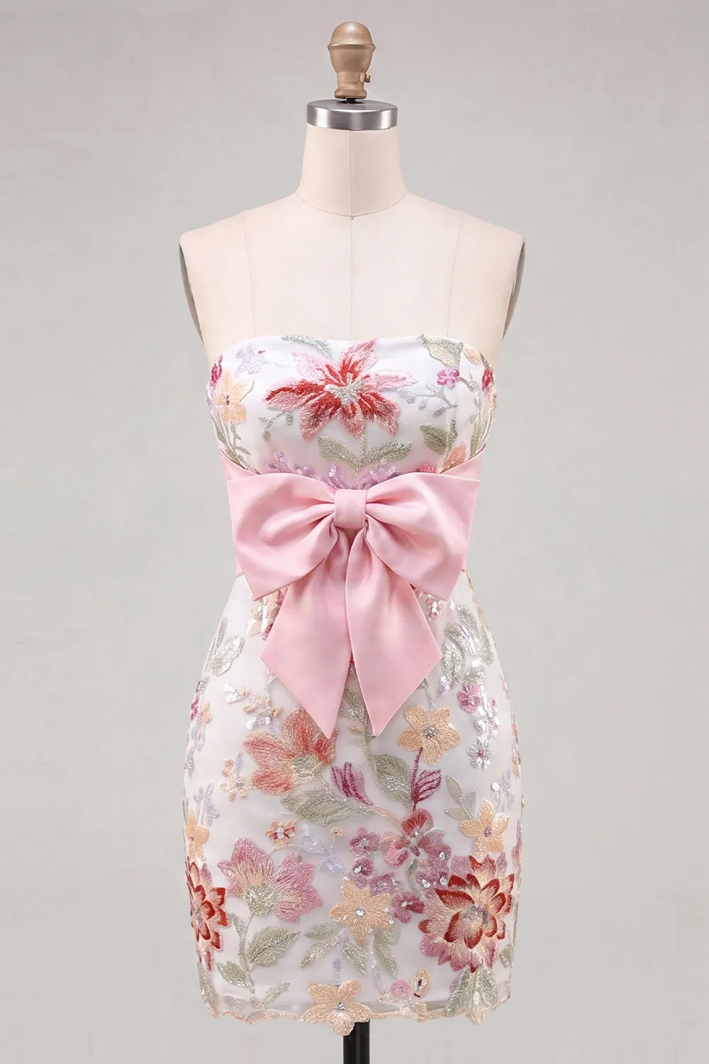 Mint Green Bodycon Strapless Floral Beaded Mini Homecoming Dress with Big Bow sold by Zapaka