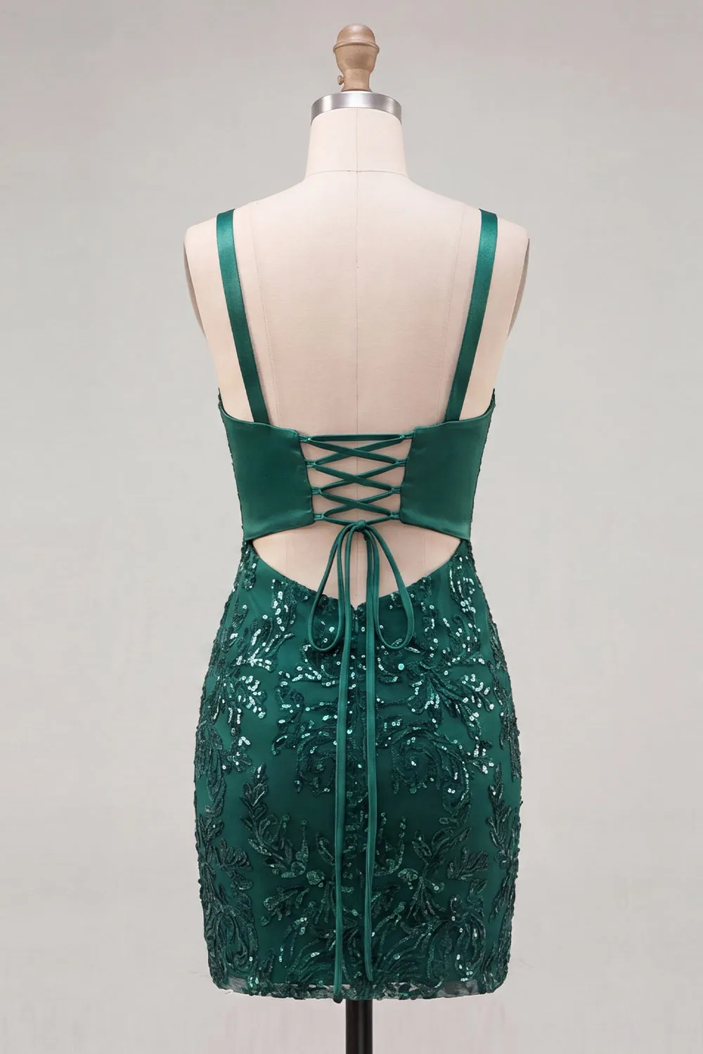 Dark Green Spaghetti Straps Sequins Bodycon Lace Up Back Homecoming Dress with Bow sold by Zapaka product image thumbnail 2