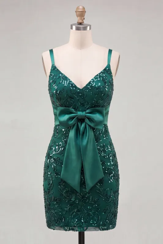 Dark Green Spaghetti Straps Sequins Bodycon Lace Up Back Homecoming Dress with Bow made by Zapaka