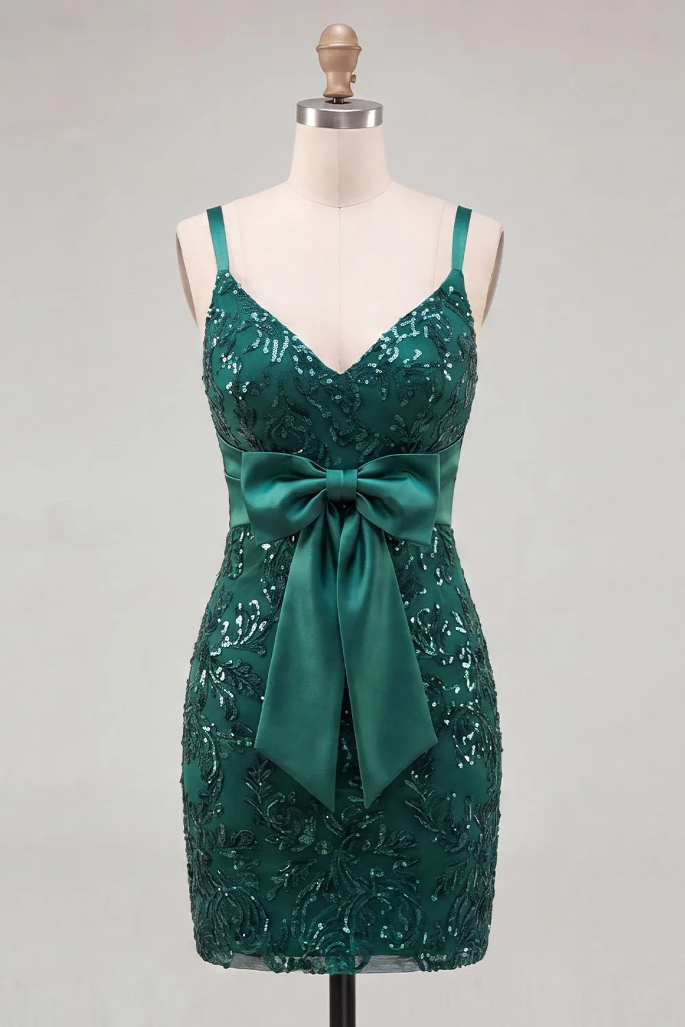Dark Green Spaghetti Straps Sequins Bodycon Lace Up Back Homecoming Dress with Bow sold by Zapaka