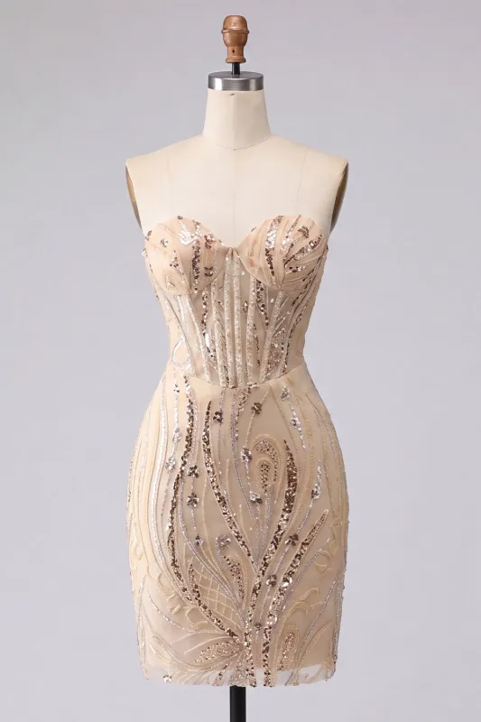 Strapless Champagne Bodycon Sequins Homecoming Dress with Lace Up Back made by Zapaka