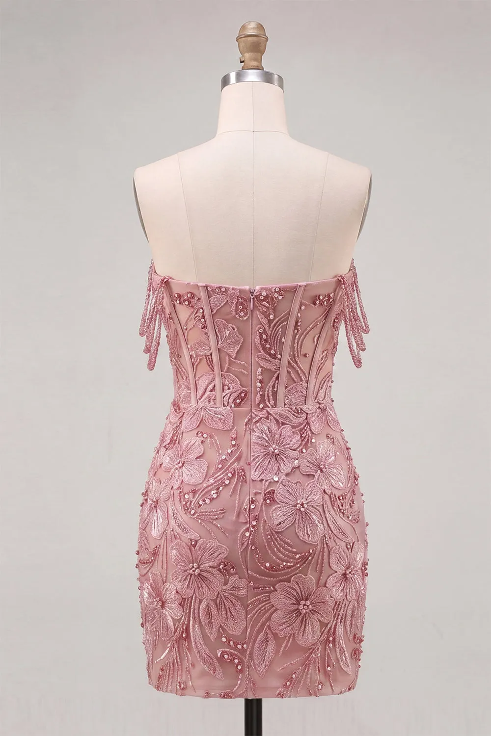 Pearl Off the Shoulder Pink Corset Floral Homecoming Dress with Sequins sold by Zapaka product image thumbnail 2