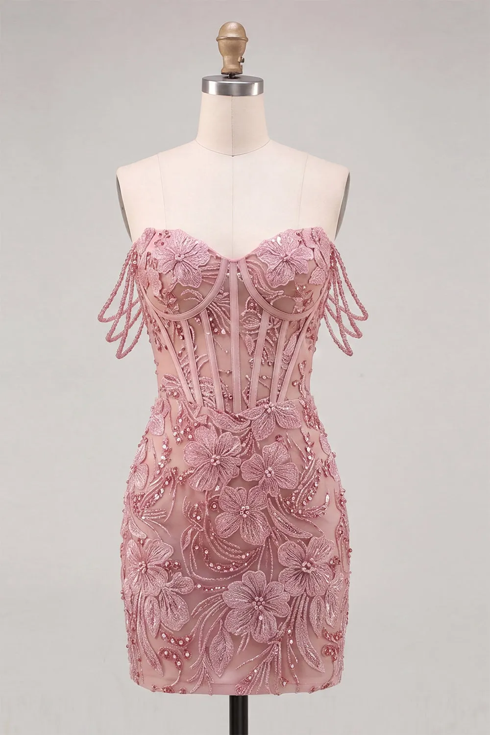 Pearl Off the Shoulder Pink Corset Floral Homecoming Dress with Sequins sold by Zapaka