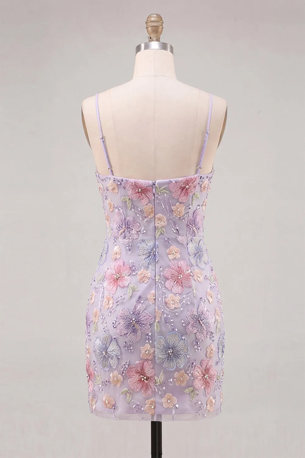 Lilac Floral Bodycon Spaghetti Straps Short Homecoming Dress with Beading sold by Zapaka product image thumbnail 2