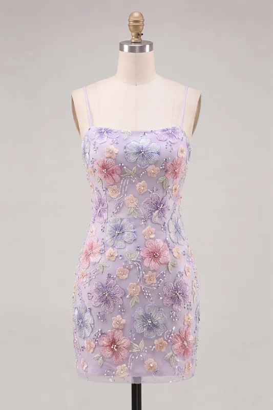 Lilac Floral Bodycon Spaghetti Straps Short Homecoming Dress with Beading made by Zapaka