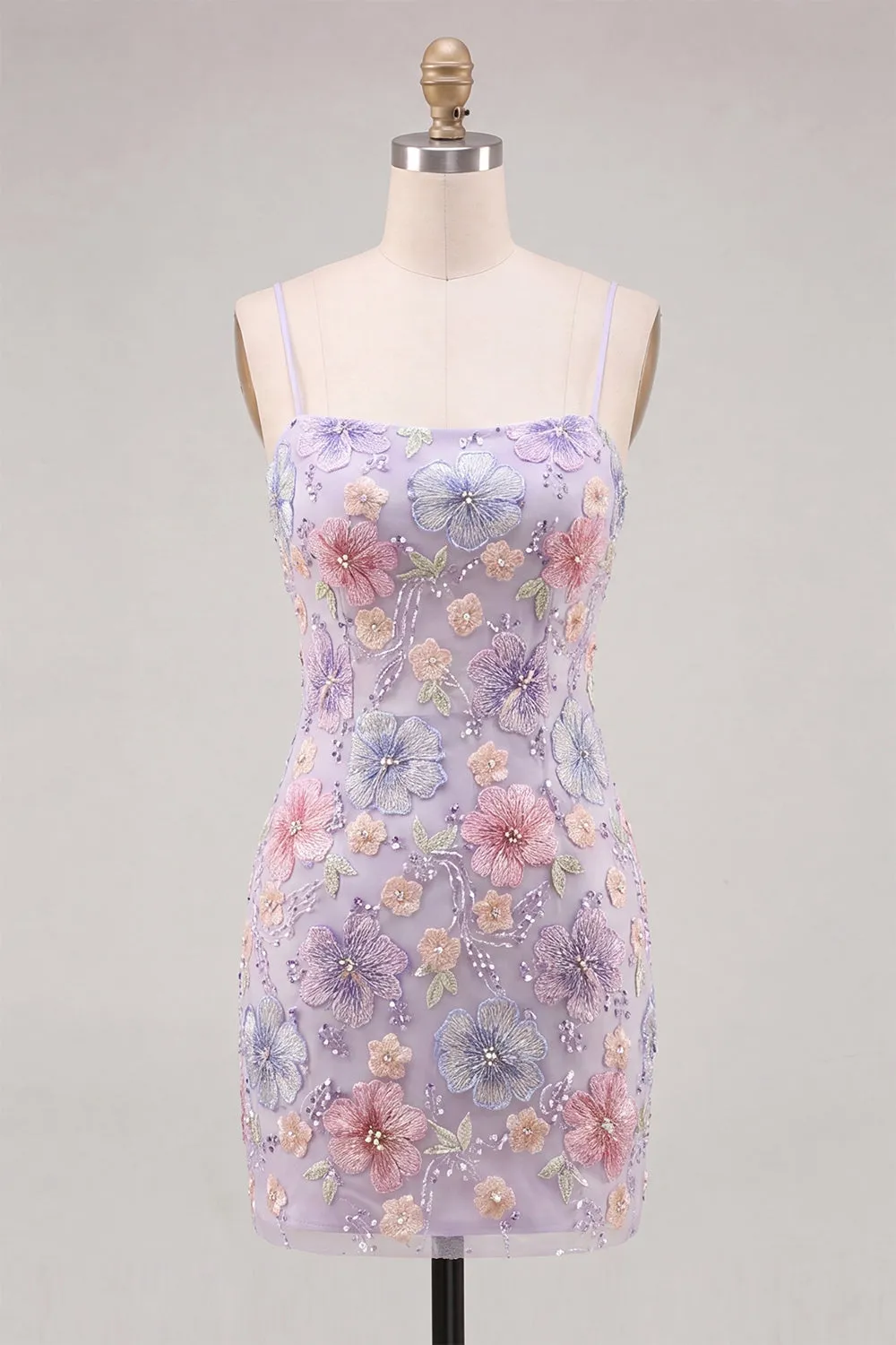 Lilac Floral Bodycon Spaghetti Straps Short Homecoming Dress with Beading sold by Zapaka