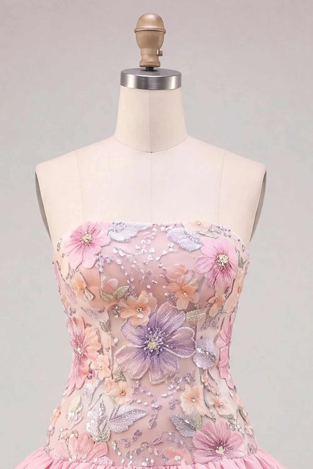 Strapless Pink Floral Tiered A-Line Homecoming Dress with Sequins sold by Zapaka product image thumbnail 5