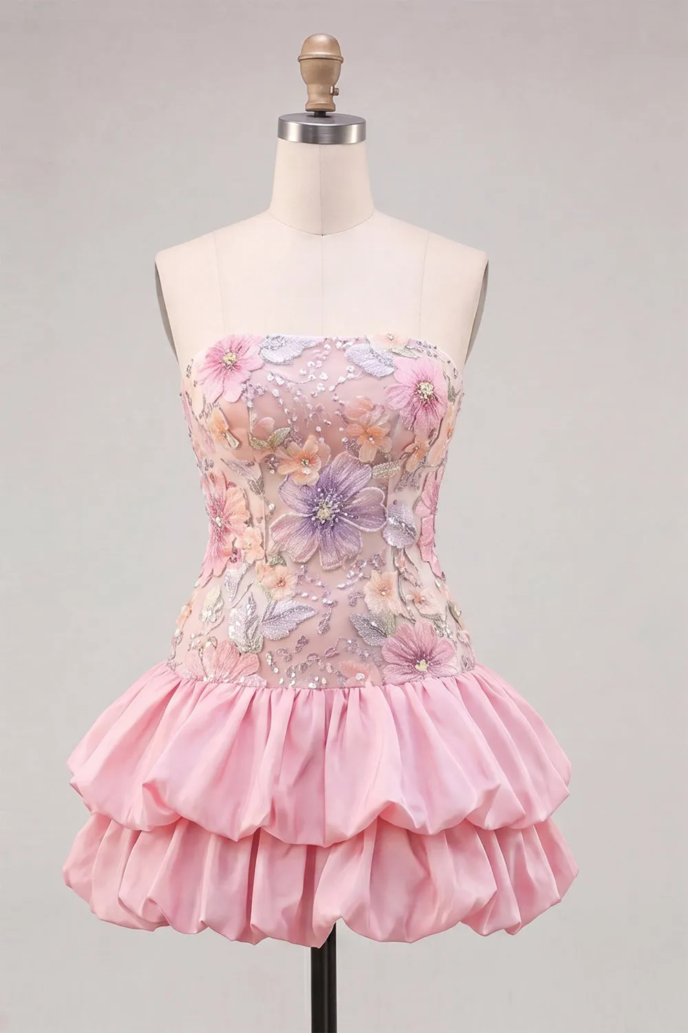 Strapless Pink Floral Tiered A-Line Homecoming Dress with Sequins sold by Zapaka