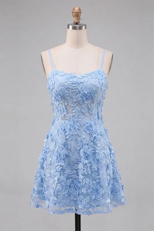 Light Blue Floral A-Line Spaghetti Straps Homecoming Dress with Appliques made by Zapaka