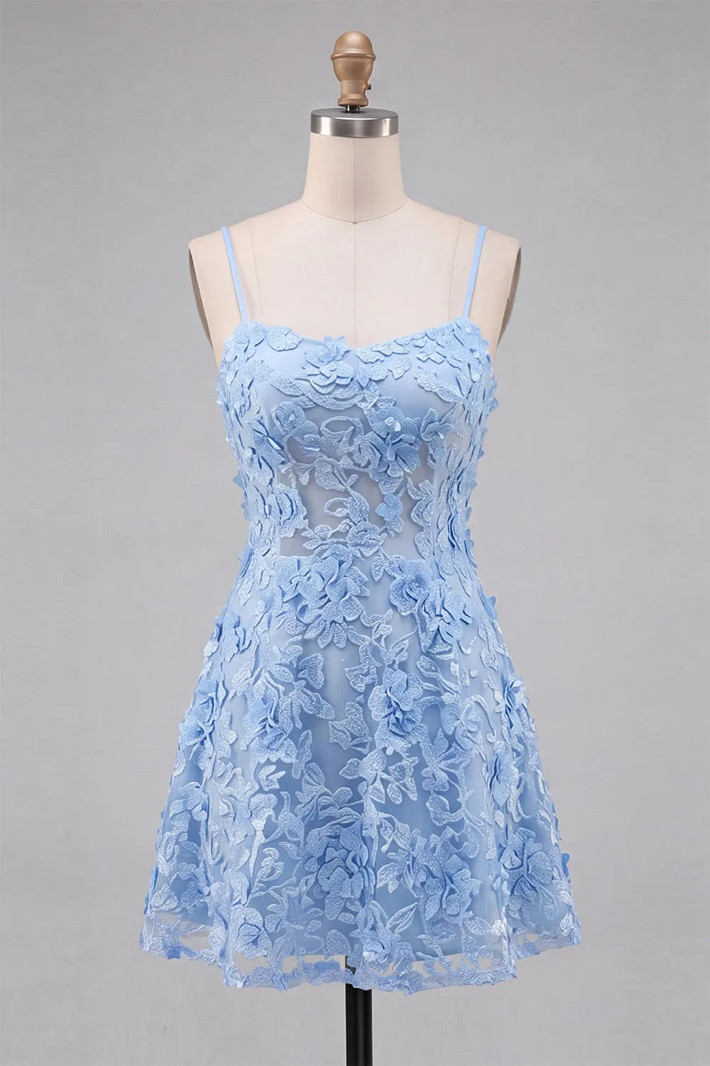 Light Blue Floral A-Line Spaghetti Straps Homecoming Dress with Appliques sold by Zapaka