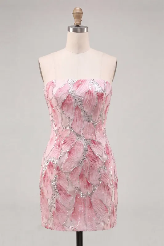 Strapless Pink Bodycon Sequins Short Homecoming Dress made by Zapaka