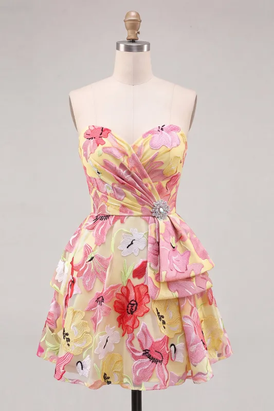 Pink A-Line Sweetheart Floral Ruched Beaded Homecoming Dress made by Zapaka