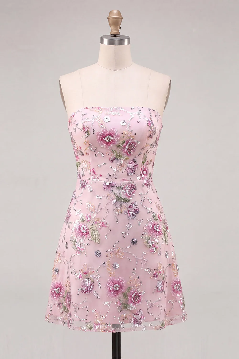 Strapless Pink A-Line Floral Sequins Short Homecoming Dress sold by Zapaka