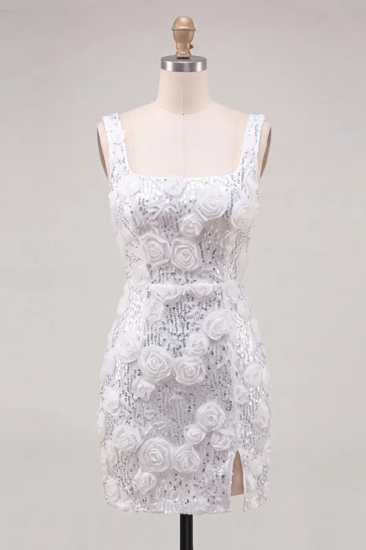 Ivory Square Neck Bodycon Sequins Homecoming Dress with 3D Flowers made by Zapaka