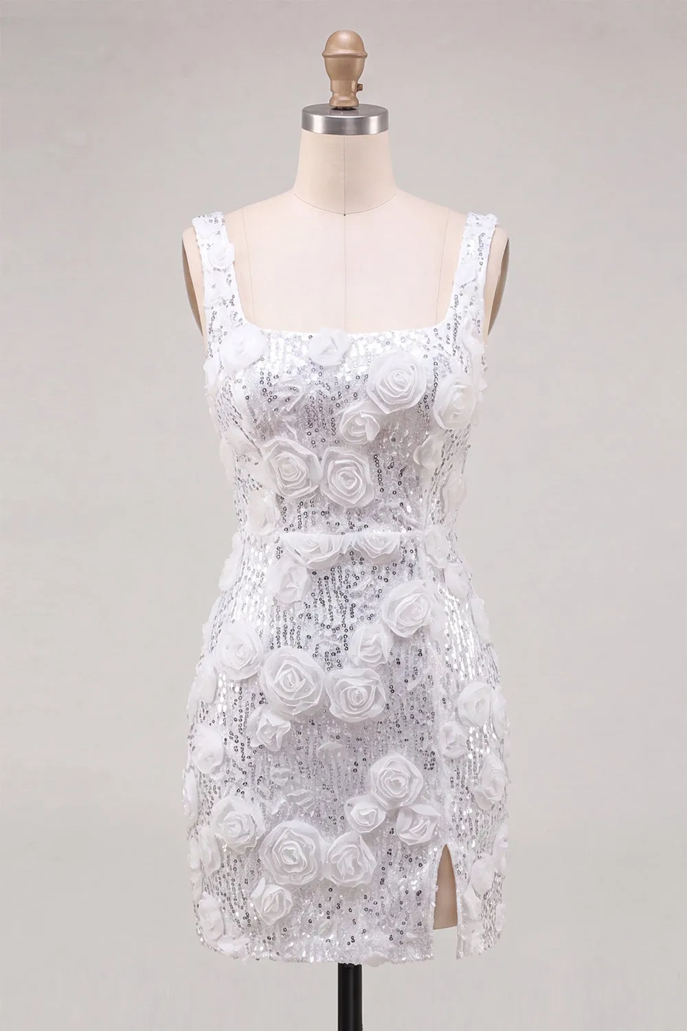 Ivory Square Neck Bodycon Sequins Homecoming Dress with 3D Flowers sold by Zapaka