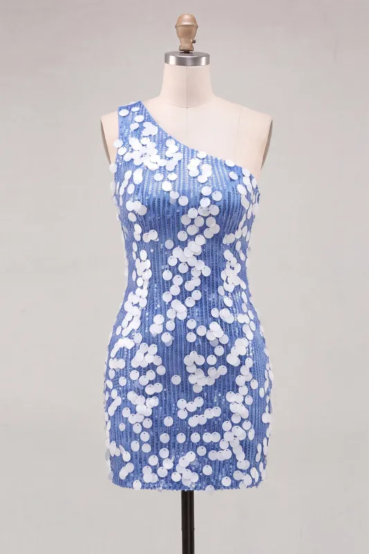 Bodycon One Shoulder Blue Sequins Short Homecoming Dress made by Zapaka