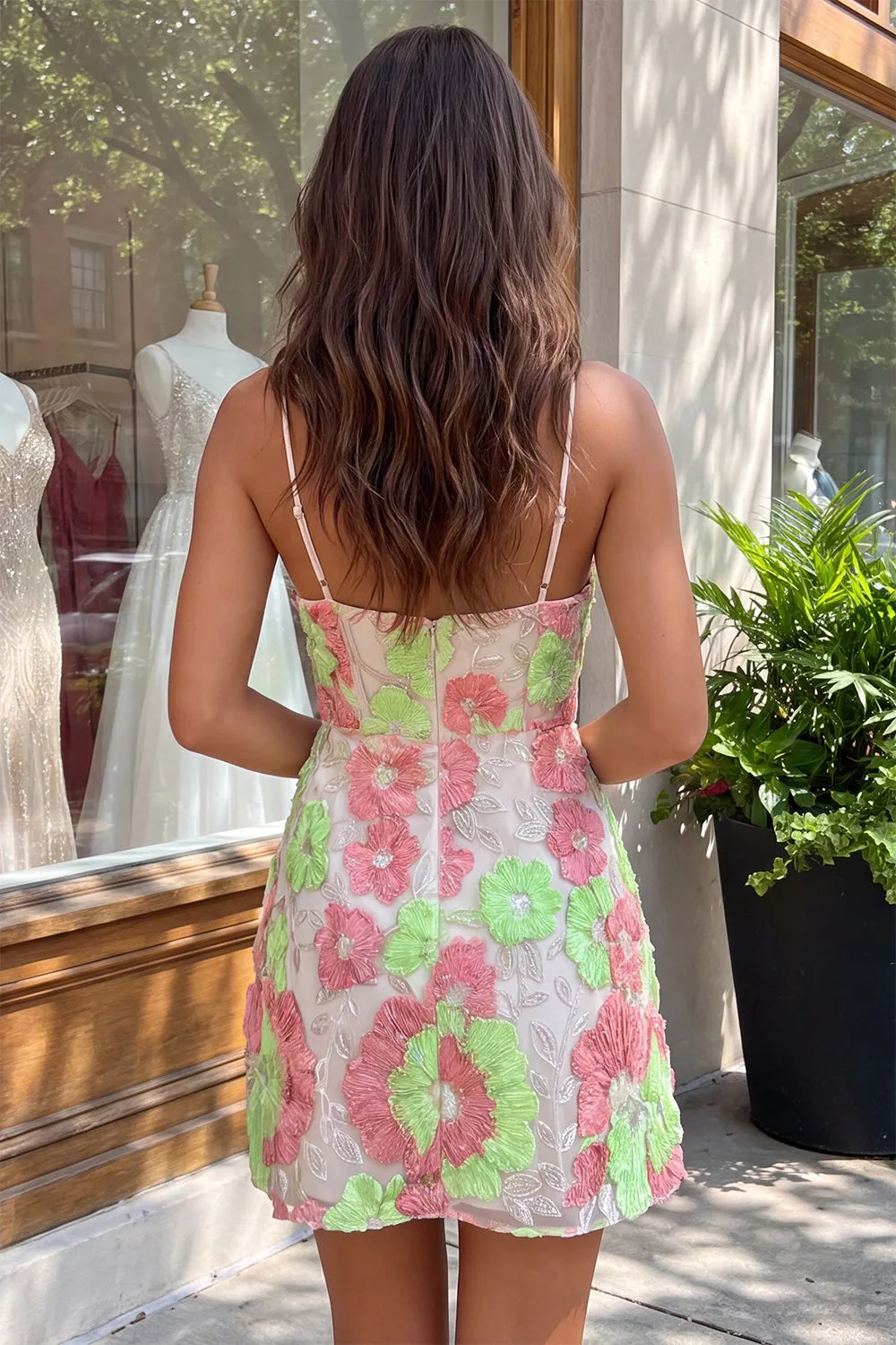 Pink and Green Flower Bodycon Spaghetti Straps Homecoming Dress with Embroidery sold by Zapaka product image thumbnail 4