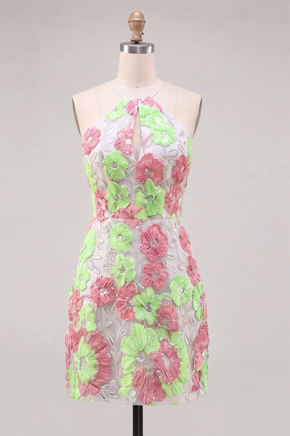 Pink and Green Flower Bodycon Spaghetti Straps Homecoming Dress with Embroidery sold by Zapaka