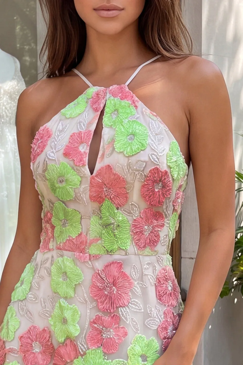 Pink and Green Flower Bodycon Spaghetti Straps Homecoming Dress with Embroidery sold by Zapaka product image thumbnail 5