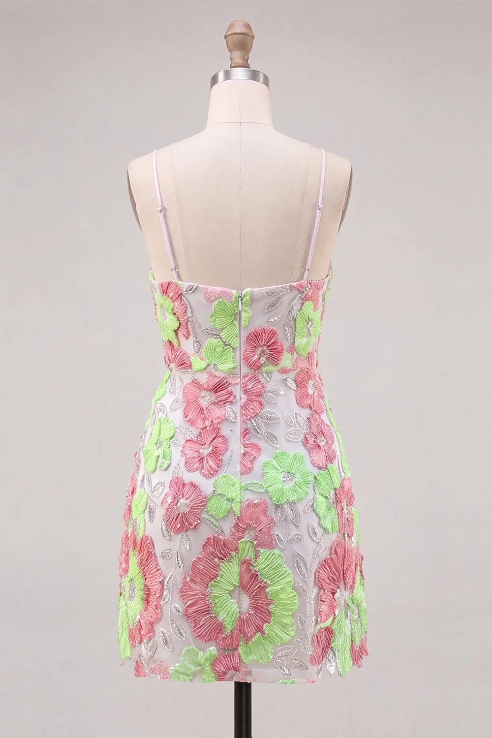 Pink and Green Flower Bodycon Spaghetti Straps Homecoming Dress with Embroidery sold by Zapaka product image thumbnail 2