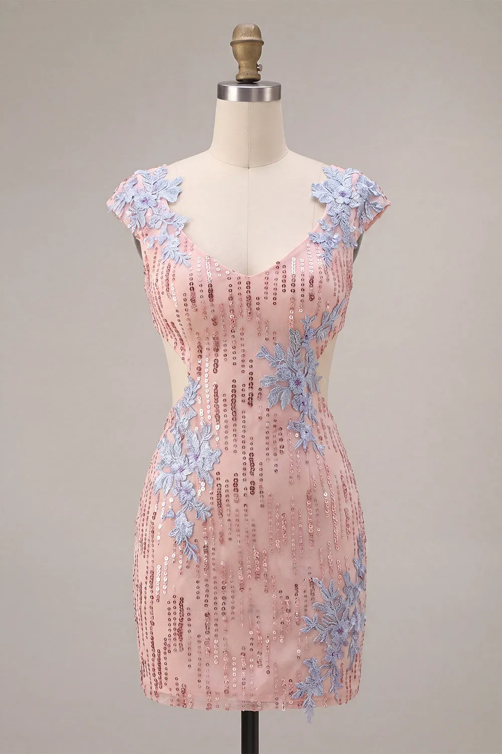 Pink V-Neck Bodycon Sequins Floral Cut Out Homecoming Dress sold by Zapaka
