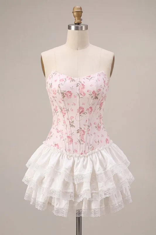 White Pink Flower Corset Sweetheart Tiered Ruffle Homecoming Dress made by Zapaka