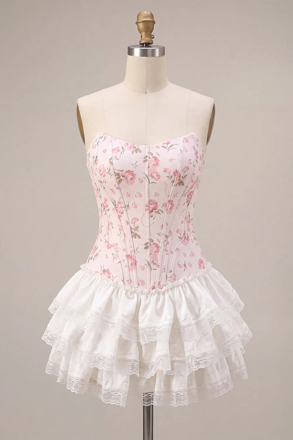 White Pink Flower Corset Sweetheart Tiered Ruffle Homecoming Dress sold by Zapaka