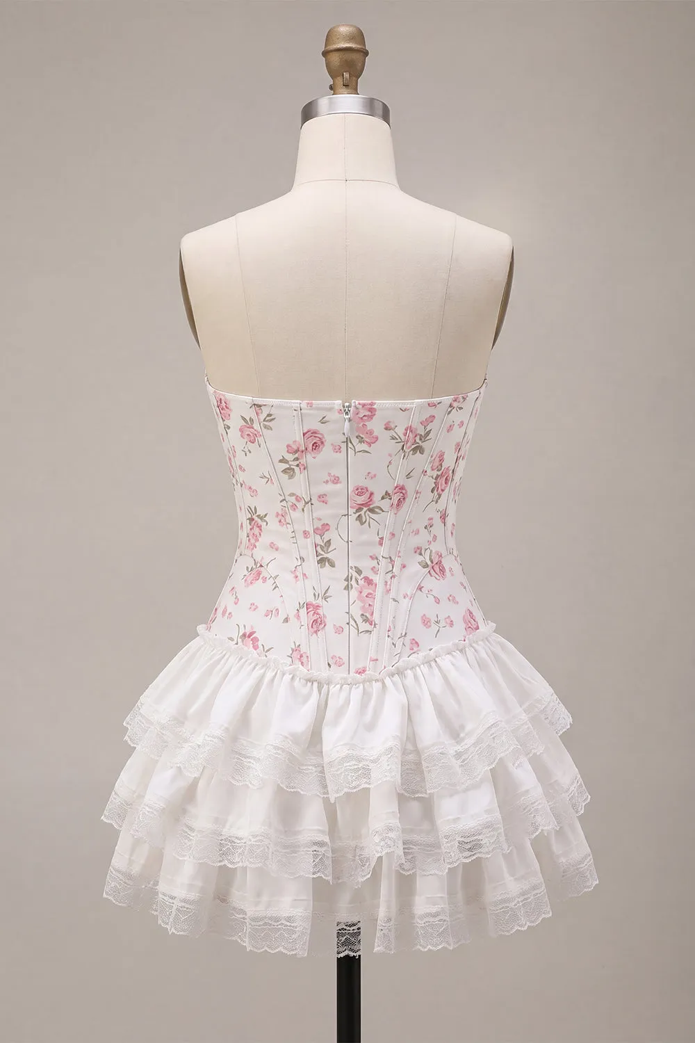 White Pink Flower Corset Sweetheart Tiered Ruffle Homecoming Dress sold by Zapaka product image thumbnail 2