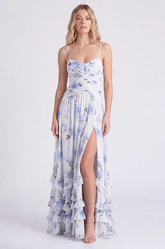 Light Blue A-Line Floral Chiffon Spaghetti Straps Ruffled Long Bridesmaid Dress with Slit made by Zapaka