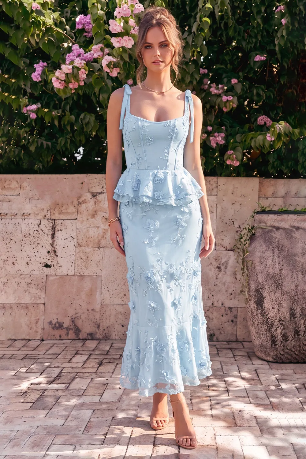 Light Blue Mermaid Corset Bowed Straps Ruffled Midi Dress with 3D Flowers sold by Zapaka product image thumbnail 3