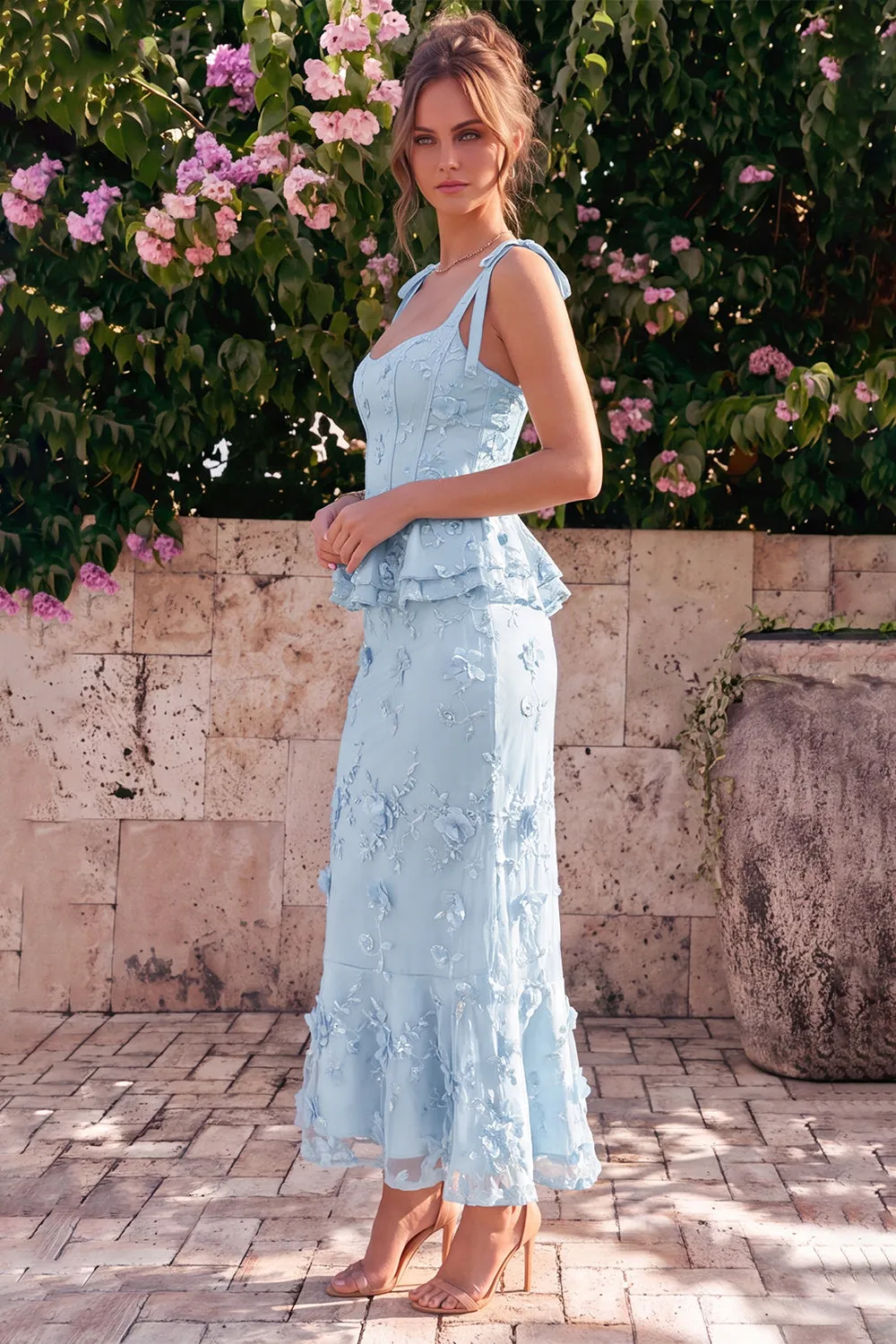 Light Blue Mermaid Corset Bowed Straps Ruffled Midi Dress with 3D Flowers sold by Zapaka product image thumbnail 5