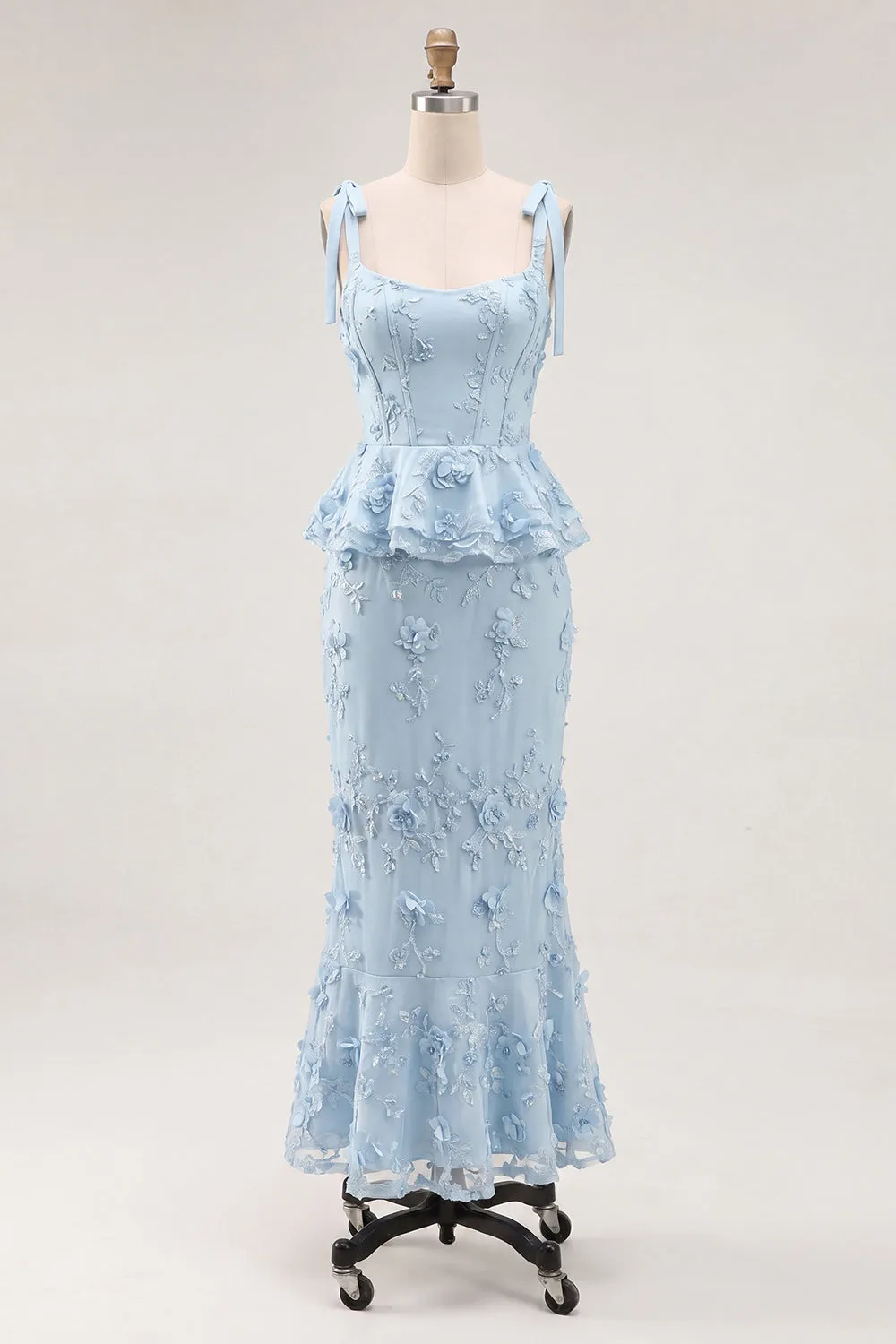Light Blue Mermaid Corset Bowed Straps Ruffled Midi Dress with 3D Flowers sold by Zapaka