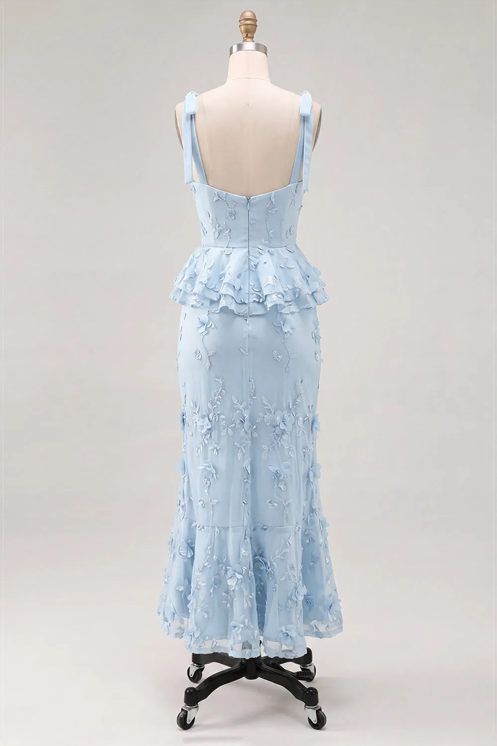Light Blue Mermaid Corset Bowed Straps Ruffled Midi Dress with 3D Flowers sold by Zapaka product image thumbnail 2