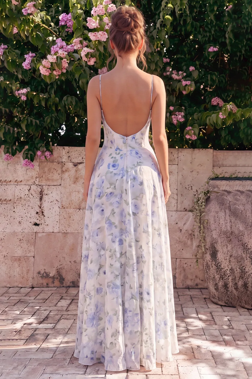 A-Line Blue Flower Chiffon Spaghetti Straps Backless Maxi Dress with Ruffles sold by Zapaka product image thumbnail 4